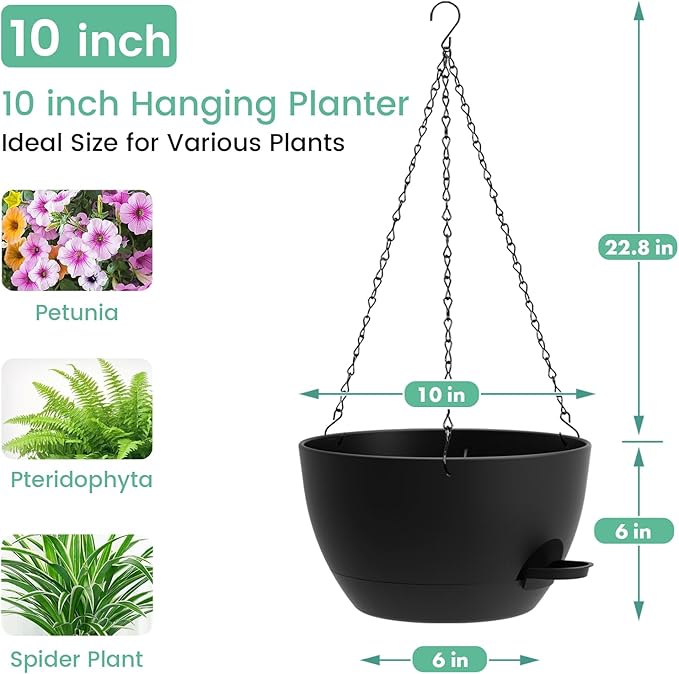 Set of 3-10 Inch Self Watering Hanging Planters for Indoor & Outdoor，Hanging Plant Pots with Drainage & Removable Tray, Hanging Pots Holder for Ivy, Spider Plants, Ferns, Balcony & Patio, Black