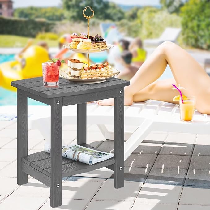 Y&M Outdoor Side Table, HIPS Adirondack Small Double Layer Table, Waterproof Square Balcony Modern End Tables for Patio, Pool, Beach, Porch, Deck, Indoor or Outdoor Use, Dark Gray