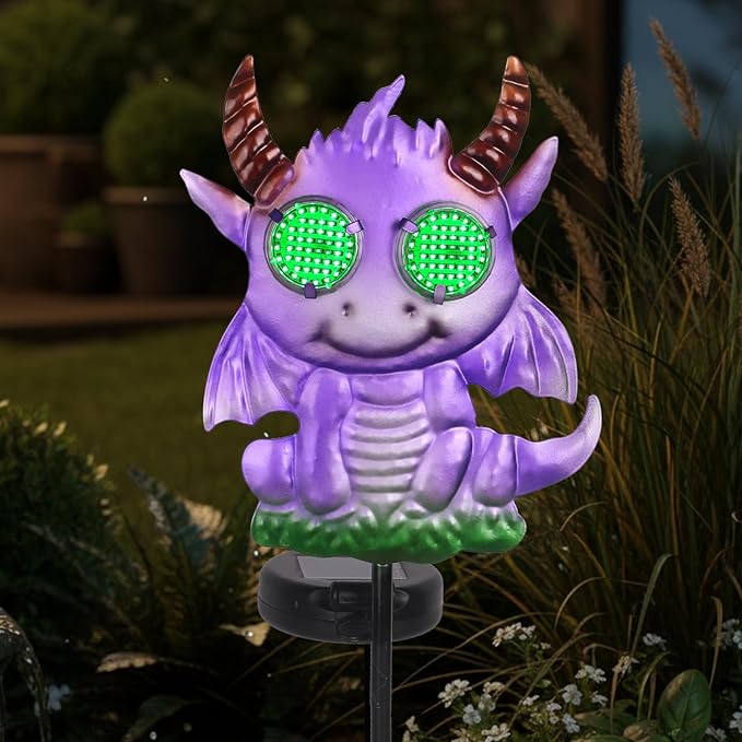 Fantasy Dragon Garden Stakes Decorative 39.7" with Moving Solar Eyeballs, Purple Dragon Garden Decor Pathway Lights for Outside Patio Lawn Yard Metal Art