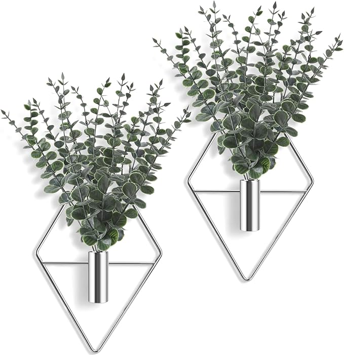 Jexine 8 Pcs Hanging Planters with Artificial Eucalyptus Metal Hanging Vase Indoor Plants Holder Modern Geometric Boho Bathroom Wall Decor for Living Room Home Office (Eucalyptus,Silver)
