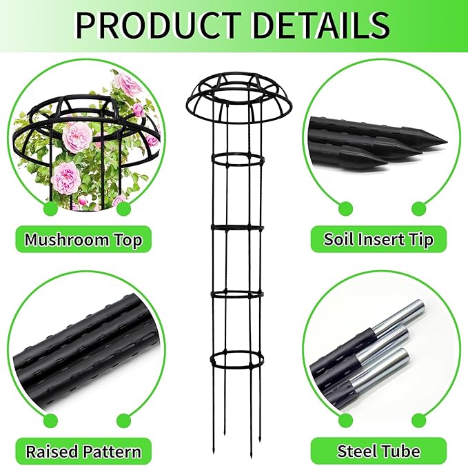 2-Pack 65-Inch Garden Trellis for Climbing Plants,Heavy-Duty Metal Obelisk with Mushroom Top,Stable Support for Potted Clematis,Tomato,Cucumber,Rose,Pea & Vine