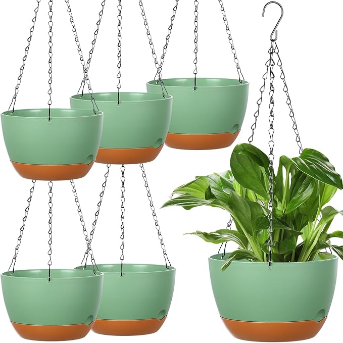 Mumufy 6 Pcs 8 Inch Hanging Planters for Indoor and Outdoor Plants, Green