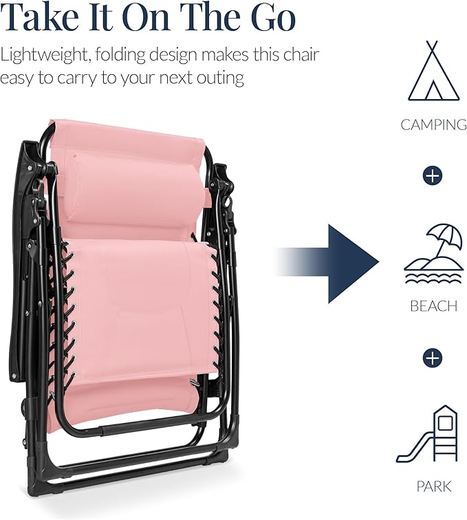 Best Choice Products Oversized Padded Zero Gravity Chair, Folding Outdoor Patio Recliner, XL Anti Gravity Lounger for Backyard w/Headrest, Cup Holder, Side Tray, Polyester Mesh - Bubblegum Pink