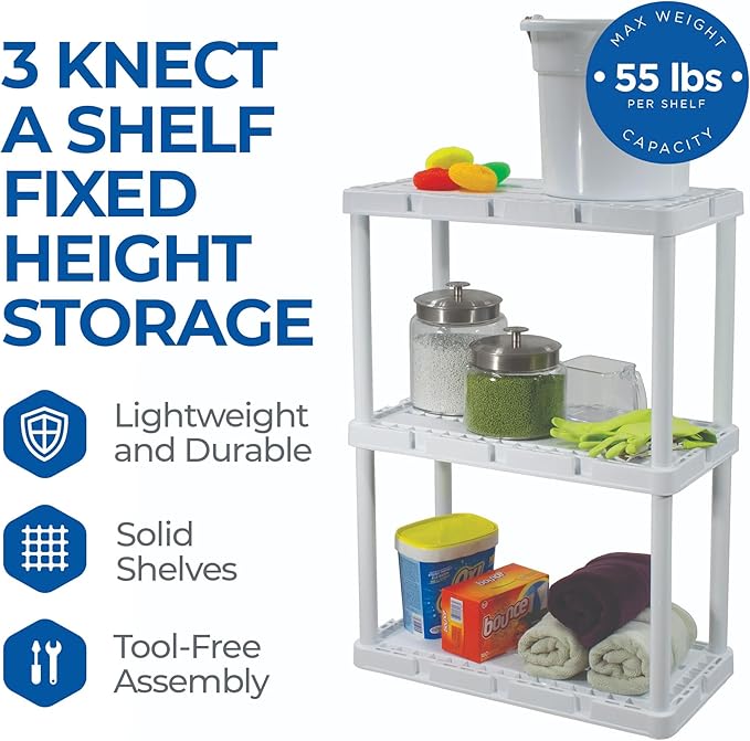 Gracious Living 2 Pack Light Duty Storage Shelves, Knect-A-Shelf 3-Shelf Ventilated Shelving Rack Organizer for Home, Garage, Basement, Laundry, White