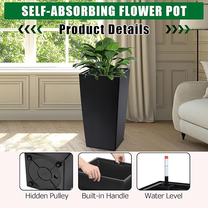 30 Inch Tall Self Watering Planters Set of 2, Outdoor Plant Pots with Automatic Watering System, Water Level Monitor, Drainage, Wheels & Inner Bucket, for Front Porch & Indoor Plants Black