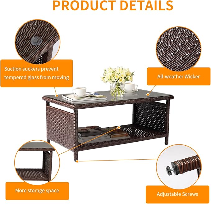 VINGLI Outdoor Wicker CoffeeTable Patio Coffee Tables for Outside, Tempered Glass Top Wicker Table with Storage Coffee Table for Patio Balcony Porch Deck (Brown)