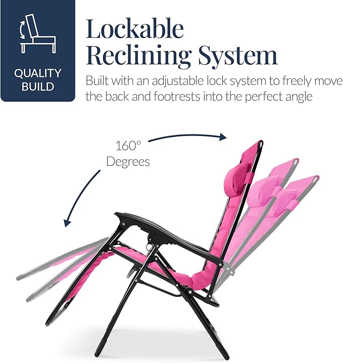 Best Choice Products Oversized Padded Zero Gravity Chair, Folding Outdoor Patio Recliner, XL Anti Gravity Lounger for Backyard w/Headrest, Cup Holder, Side Tray, Polyester Mesh - Hot Pink