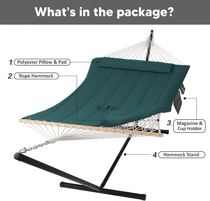 SUNCREAT Hammocks Two Person Hammock with 12ft Stand Included, Max 475lbs Capacity, Heavy Duty Free Standing Hammock, Dark Green