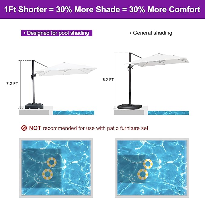 PURPLE LEAF 8' X 8' Patio Umbrella for Pool 7' High Offset Outdoor Cantilever Umbrella Swimming Pool Umbrella with 360°Rotation for Poolside White