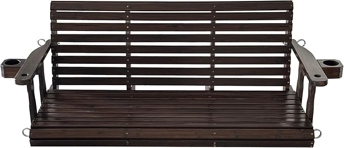 Fortune Candy Wooden Porch Swing 3-Seater, High Backrest and Deep Seat, Bench Swing with Cupholders, Hanging Chains and 7mm Springs, Heavy Duty 880 LBS (Deep Brown, 5 FT Extra Large)