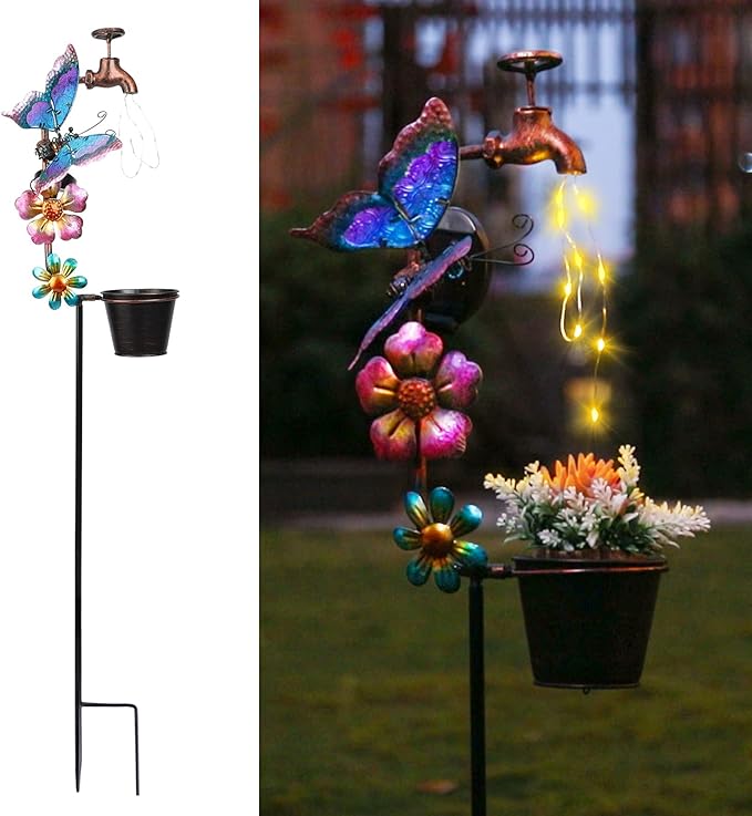 Afirst Solar Outdoor Lights Decorative - Solar Decorative Butterfly Lights Faucet Shaped Twinkling Light Garden Stake Decorations for Pathway Lawn Patio Courtyard Backyard