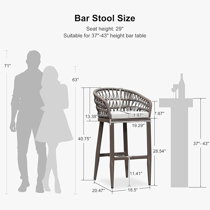 PURPLE LEAF Outdoor Rattan 29" Bar Stools Set of 2, Modern Boho Aluminum Patio Bar Height Chair with Cushion and Back for Garden Outdoor and Indoor, Coffee