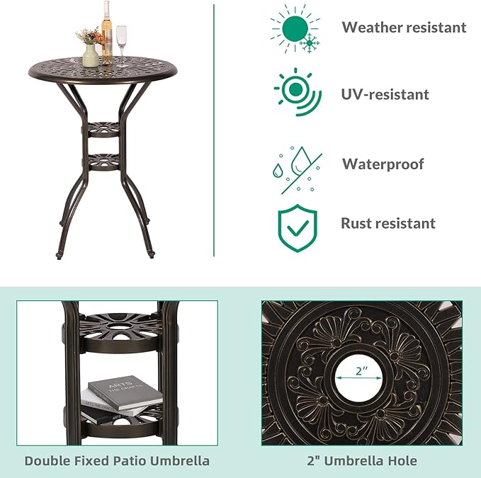 VIVIJASON 3-Piece Patio Swivel Bar Stools Set, All Weather Cast Aluminum Outdoor Bar Height Bistro Set with 2 Cushioned Bar Chairs & 31" High Bar Table w/Umbrella Hole for Backyard, Lawn, Garden