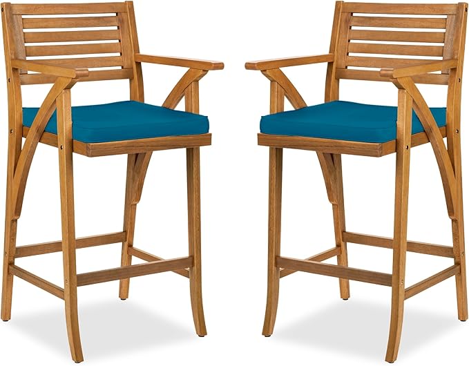 Best Choice Products Set of 2 Outdoor Acacia Wood Bar Stools Bar Chairs for Patio, Pool, Garden w/Weather-Resistant Cushions - Peacock Blue
