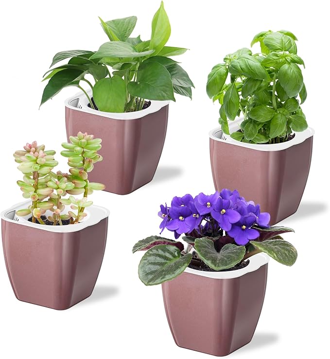 4 Pack Self Watering Pots 4-inch Decorative Flower Planters for Indoor Plants Modern Square planters for Small Plants Window Sill Planters for Succulents, African Violets, Herbs(Rose Gold)