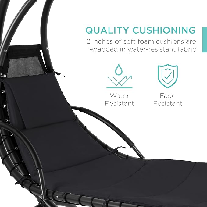Best Choice Products Outdoor Hanging Curved Steel Chaise Lounge Chair Swing w/Built-in Pillow and Removable Canopy - Black