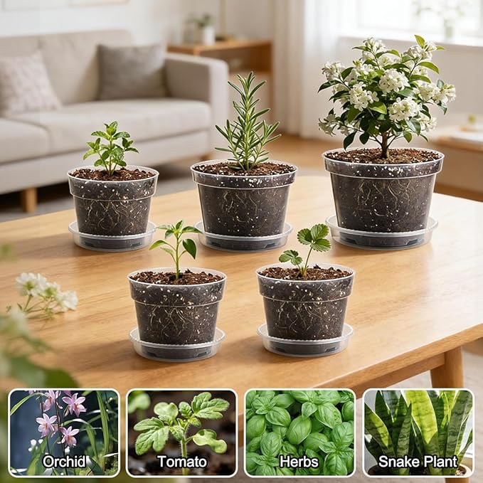 15 Pack 8/7/6 Inch Clear Nursery Pots with Saucer, Transparent Plastic Plant Pot with Drainage Hole, Sturdy Planting Starter Pots for Gardening Flower Herb Vegetable