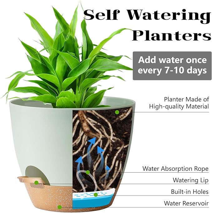 Self Watering Planter Pots Set of 5 - Green Plastic Indoor Pots with Drainage Holes, Saucers and Reservoir for Home Decor, Office Desk, Windowsill, Shelf (Gift Idea)