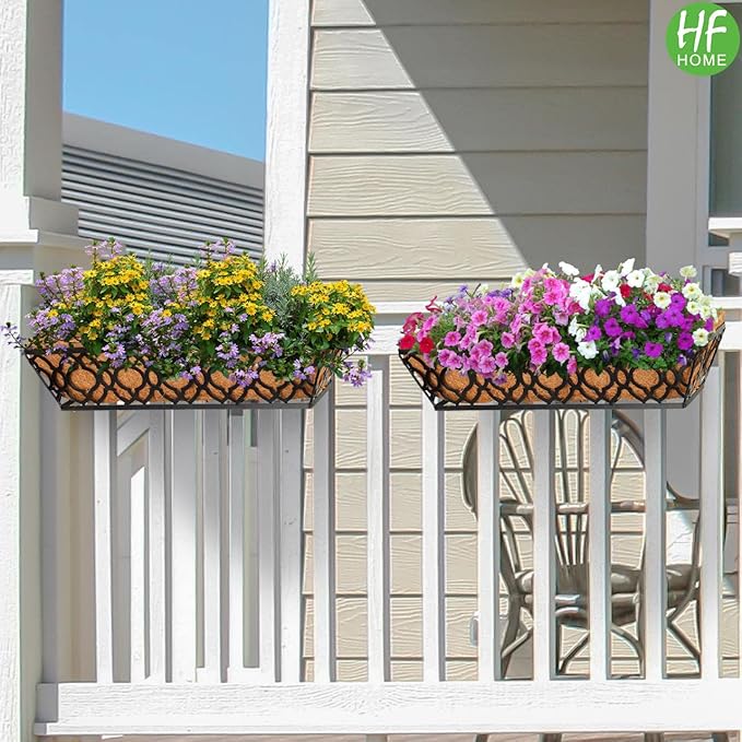 HFHOME 24 Inch Window Deck with Coco Liner, 24" Window Boxes Horse Trough with Coconut Coir Liner, Black Metal Hanging Flower Planter Basket Railing Planter for Outdoor Indoor Lawn - 4 Pack
