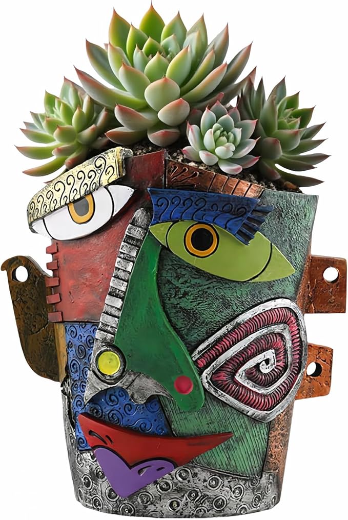 Picasso Abstract Face Flower Pot,Unique Resin Crafted Planter with Drainage Holes,Interesting Colorful Planter with Human face,for Indoor and Outdoor Botanical Home décor (Frown)