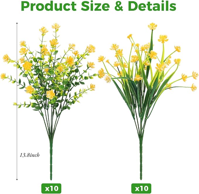 20 Bundles Artificial Flowers for Outdoors Fake Plastic Flowers UV Resistant Realistic Faux Plants Shrubs for Spring Summer Garden Porch Yard Patio Planter Window Box Home Decor, Yellow