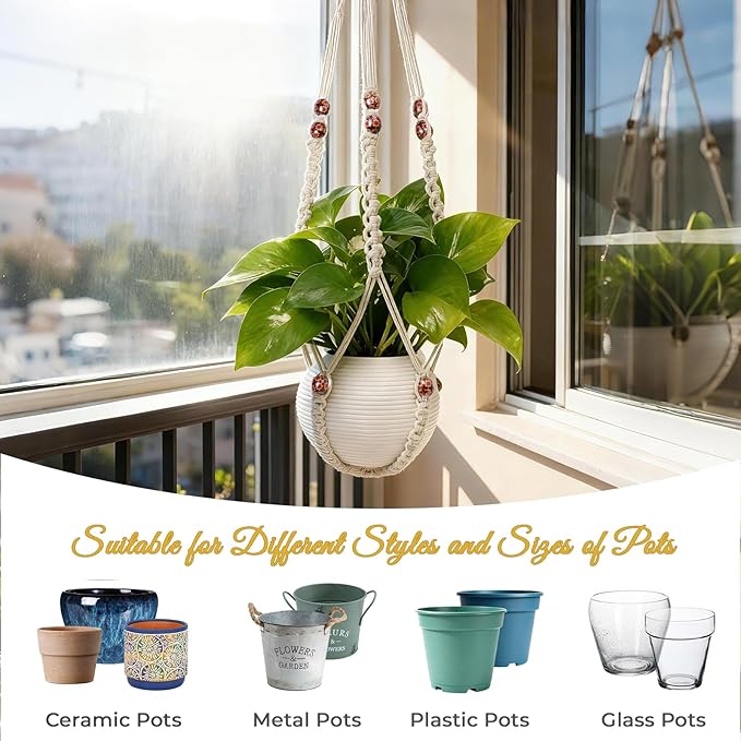 35 Inch Macrame Plant Hanger, Large for up to 15 Inch Pot Extra Long Hanging Planter Holder Basket with Wood Beads for Indoor Outdoor Home Decor (Ivory, 1-Pack)