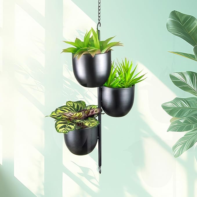 3 Tier Hanging Planters for Indoor & Outdoor, Stackable Black Metal Plant Hanger with 6 Inch Flower Pots, Oval Wall & Ceiling Plant Holder for Modern Home Decor, Balcony, Window, Patio (No Plants)