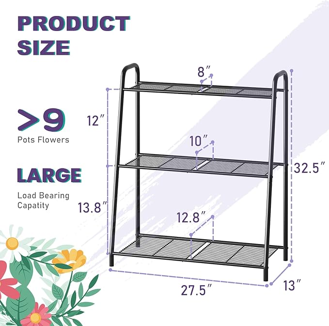 3-Tier Corner Plant Stand, Metal Black Flower Pot Rack, Indoor Outdoor Heavy Duty Shelf (Black, 3 Tier)