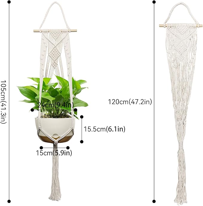 USLAI Macrame Plant Hanger Indoor Outdoor, Fits 4 to 12 Inch Pots, Hanging Planter Holder with Dowel Rod and Tassels, Boho Home Decor, 47+47 Inch, Ivory (POTS NOT Included)