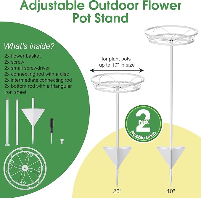 Tellingyou 2 Pack Adjustable Outdoor Flower Pot Stand, Metal Outdoor Plant Stands, Spring Summer Versatile Plant Stand Garden Stake for Display Plants, Elegant Solution for Landscaping Decor (White)