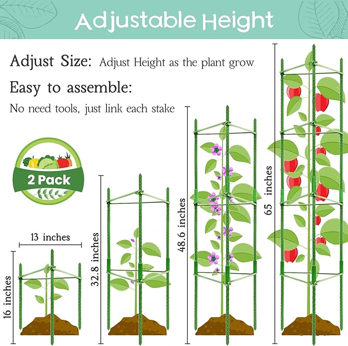 Legigo 2-Pack Tomato Cage for Garden Plant Support- Up to 63inch Garden Stakes Tomato Cage, Tomato Trellis for Potted Plants, Tomato Cages Plant Stakes for Climbing Vegetables Plants Flowers