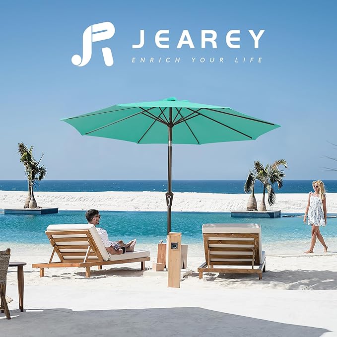 JEAREY 9FT Outdoor Patio Umbrella Market Umbrella with Push Button Tilt and Crank, Outdoor Table Umbrellas 8 Sturdy Ribs UV Protection Waterproof for Garden, Deck, Backyard, Pool (Teal)