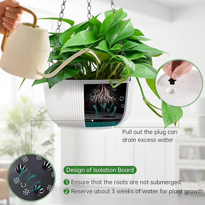 10 Inch Hanging Planters for Outdoor Indoor Plants, Set of 2 Self-Watering Hanging Pots with Drainage Hole & Plug II Screw-in Hooks II Non-deforming