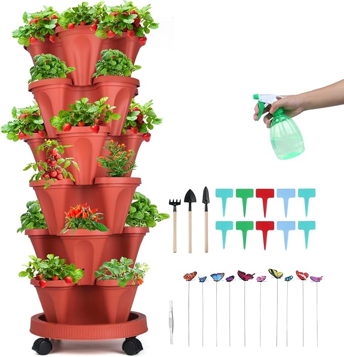 GameXcel Vertical Planter, 6 Tier Stackable Strawberry Planter with Garden Tool Set, Movable Indoor/Outdoor Garden Herb Pot for Growing Vegetables and Succulents, Red