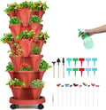 GameXcel Vertical Planter, 6 Tier Stackable Strawberry Planter with Garden Tool Set, Movable Indoor/Outdoor Garden Herb Pot for Growing Vegetables and Succulents, Red