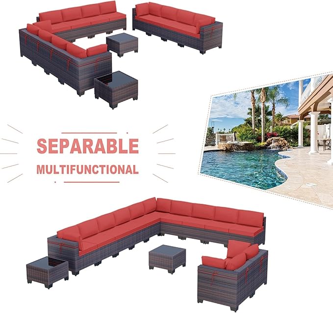 Kullavik 14 Pieces Outdoor Patio Furniture Set PE Wicker Rattan Sectional Sofa Patio Conversation Sets,Red