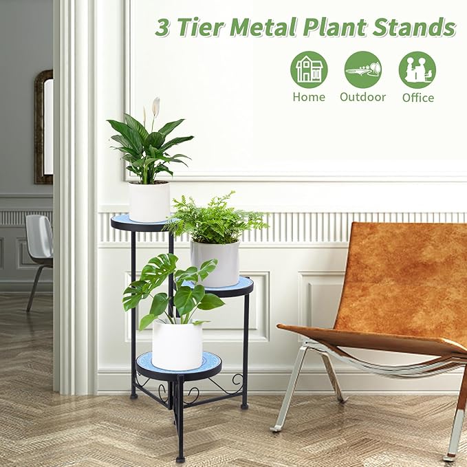 Plant Stand Indoor 3 Tie Mosaic Metal Corner Shelf Outdoor Plant Pot Holder Folding Storage Corner Table Plant Shelves for Living Room