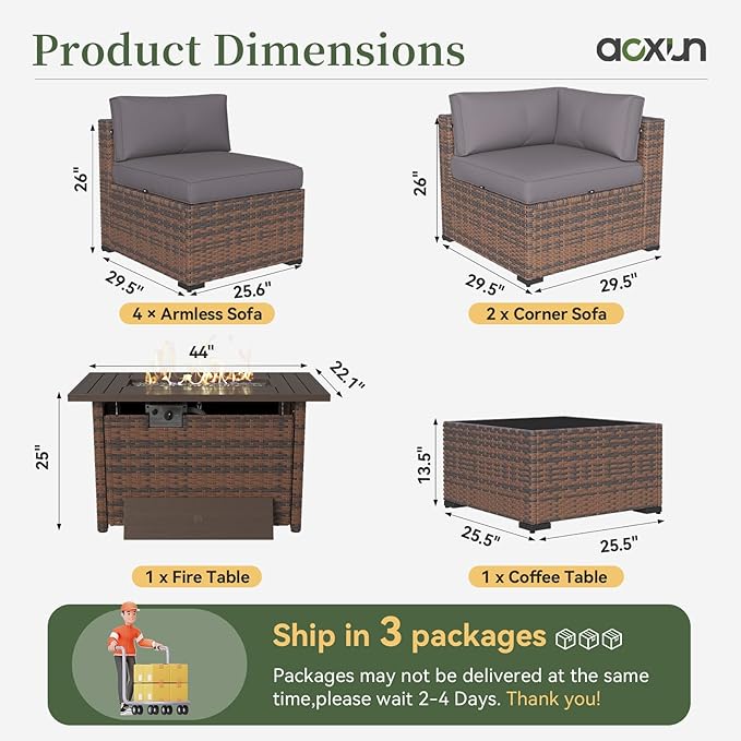 Aoxun 8 Piece Patio Furniture Set with 44” Fire Pit Table Wicker Rattan Outdoor Sectional Sofa Set with Coffee Table and Thickened Cushions, Gray (Waterproof Cover Included)