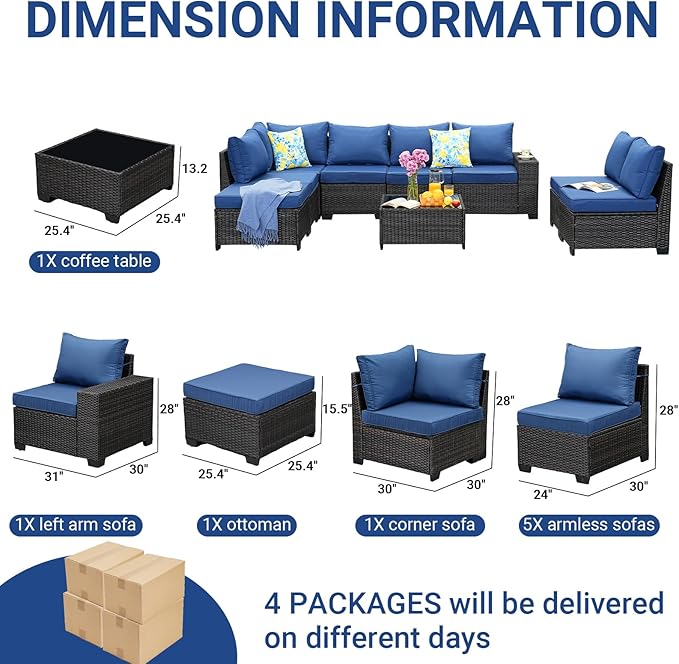 Jing's Villa 9-Piece Patio Furniture Set, All-Weather Outdoor Wicker Sectional Sofa with Cushions, Tempered Glass Table & Ottoman, Rattan Conversation Seating for Porch, Garden, Backyard,Navy