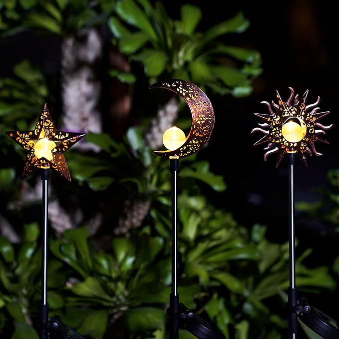 Solar Garden Stake Lights, Moon Sun Star Yard Decorations Outdoor 3 Pack Solar Garden Decor for Lawn, Pathway, Flower Bed, Memorial Garden, Patio Outdoor Gifts for Mom, Loved Ones