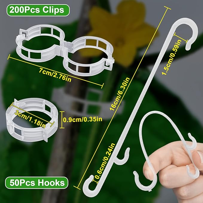 250 Pcs Tomato Clips, Plant Support Clips and J Tomato Hooks, Plastic Trellis Clip Vegetable Cages Vine Garden Clip for Tomatoes Cucumber Grape Melon, Makes Plants Grow Upright or Prevent Falling Off