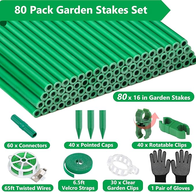 Lezmarket 80 Pack Garden Stakes(16" Each), Plant Support Stakes, DIY 4ft 5ft 6ft 7ft Sturdy Fiberglass Plant Sticks Support Garden Trellis for Growing Climbing Tomato Vegetables Flowers