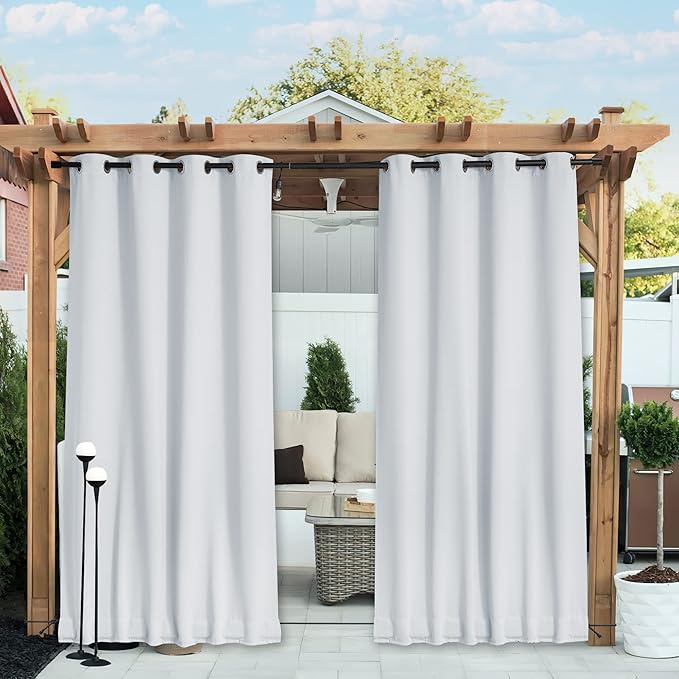 NICETOWN 2 Panels Outdoor Curtains for Patio Waterproof Extra Long 120", Windproof Thermal Insulated Top & Bottom Grommet & Back Tab Blackout Porch Drapes with Rope for Fixed, Greyish White, 52" Wide