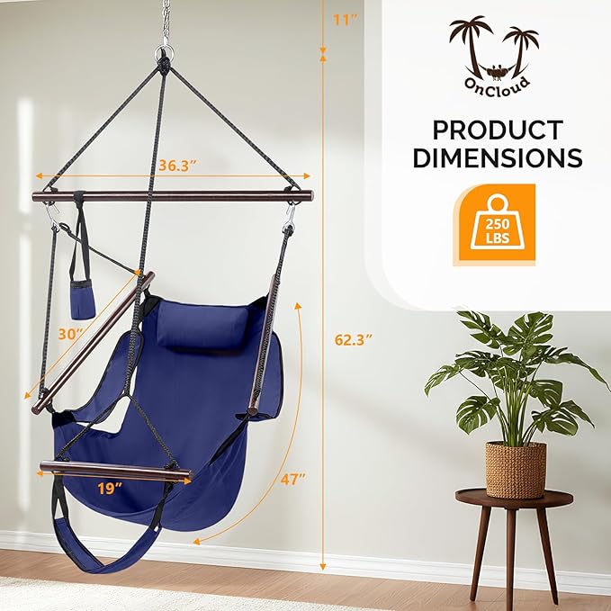 ONCLOUD Upgraded Unique Hammock Hanging Sky Chair, Air Deluxe Swing Seat with Rope (Navy Blue)