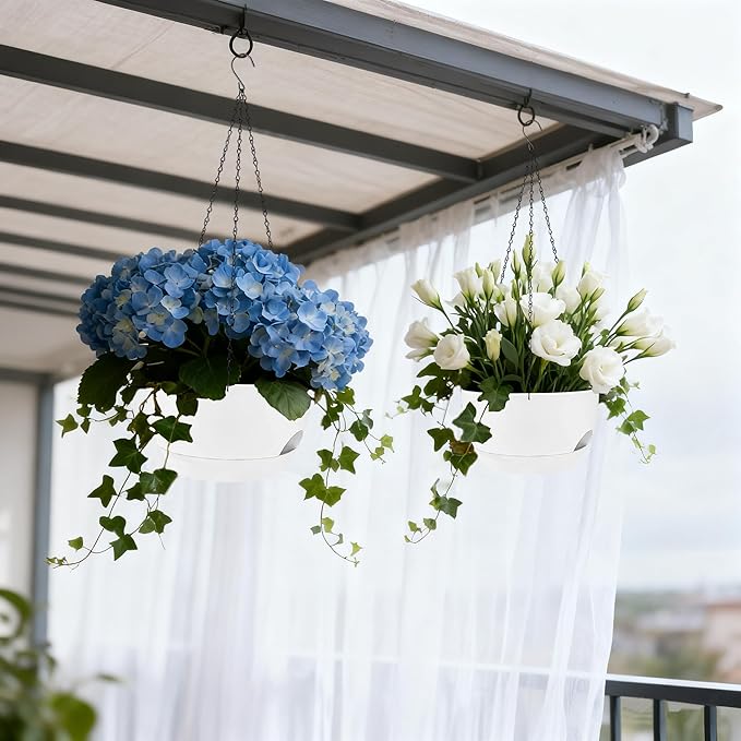 Set of 2-8 Inch Self Watering Hanging Planters for Indoor Outdoor，Hanging Plant Pots with Drainage & Removable Tray, Hanging Pots Holder for Ivy, Pothos, Ferns, Balcony & Patio, White