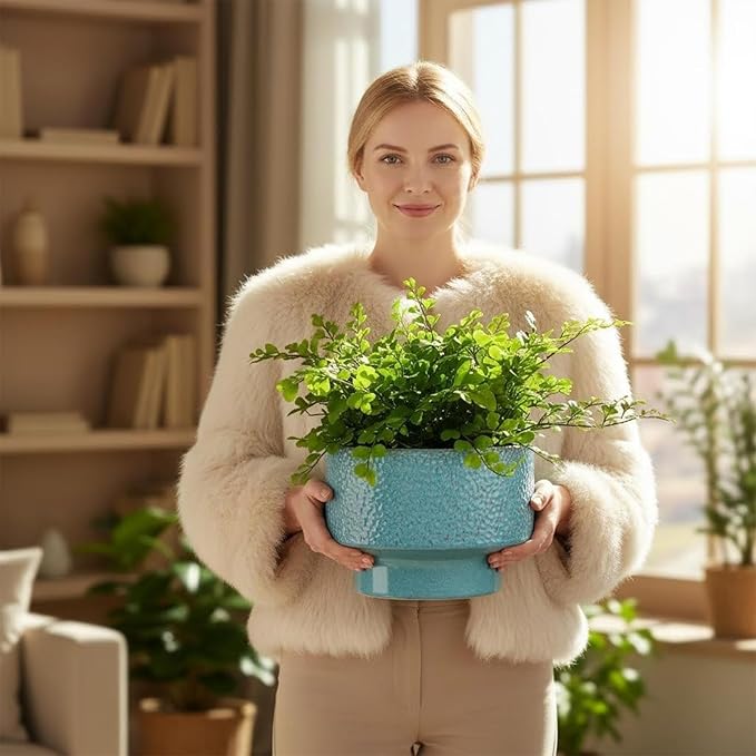 Ceramic Planters 11 Inch, Honeycomb Ceramic Pots for Plants Indoor Outdoor, Round Plant Pot with Drainage Hole, Large Planter Flower Pot, Reactive Glaze Blue