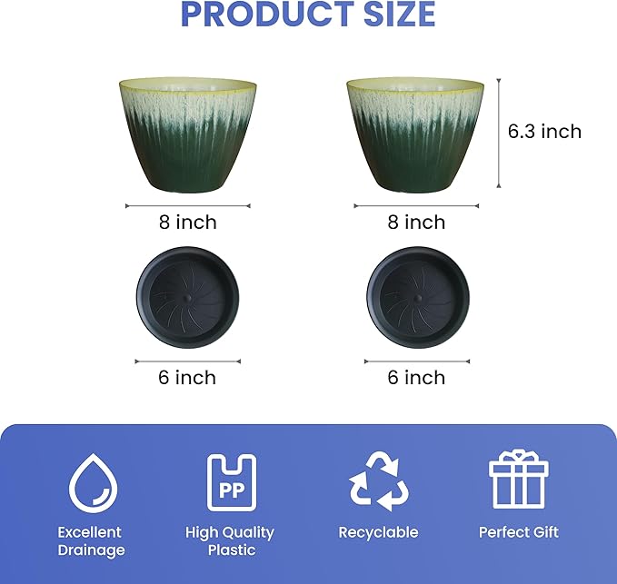 Pack of 2 Flower Pots, Plastic Plant Pots with Drainage Holes, 8 inch Modern Glossy Finishing Planter for Indoor Outdoor Plants (Green Glaze, 2 Pack)