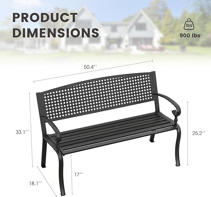 Outdoor Bench, 50.4" Patio Metal Frame Garden Bench with Backrest and Curved Armrests for Lawn Backyard, Black