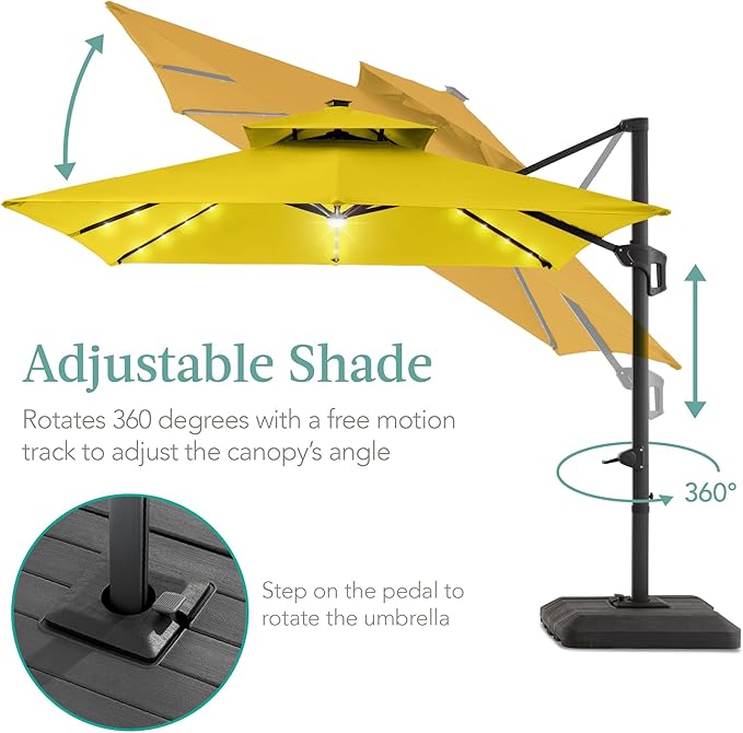 Best Choice Products 10x10ft Cantilever Patio Umbrella w/Base Included, Solar LED Lights 360 Rotation Large Offset Hanging Outdoor Shade for Deck Pool Backyard w/Stand – Yellow