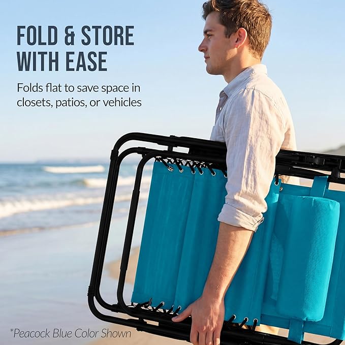 Best Choice Products Set of 2 Extra Wide Adjustable Steel Mesh Zero Gravity Lounge Chair Recliners w/Pillows and Cup Holder Trays - Peacock Blue Stripes